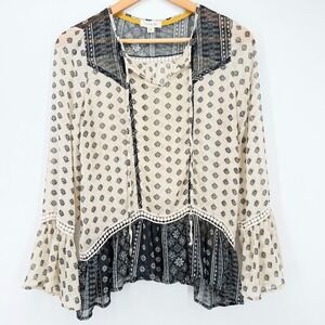 Taylor & Sage Boho Bell Sleeve Blouse Black Cream Geometric Pom Pom Trim Medium